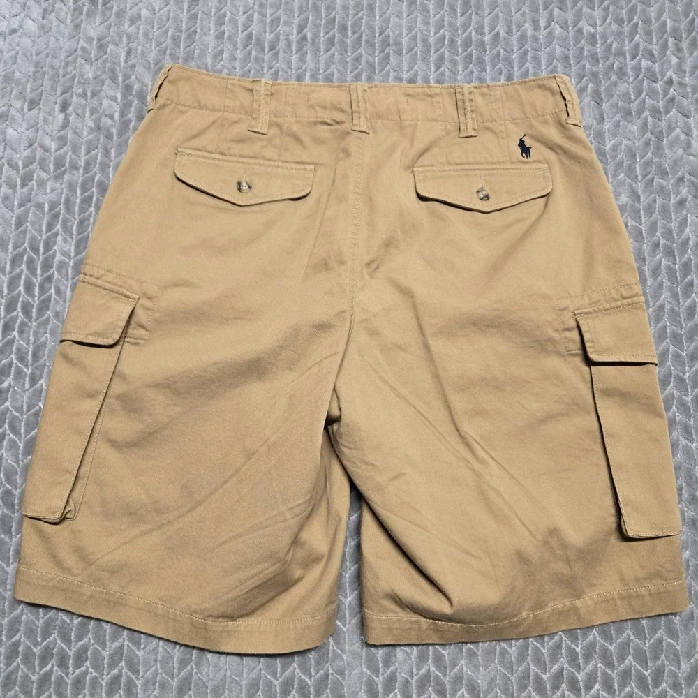 Polo Ralph Lauren Mens Relaxed Fit Cargo Shorts Khaki Tan Cotton 33x10 Blue Pony